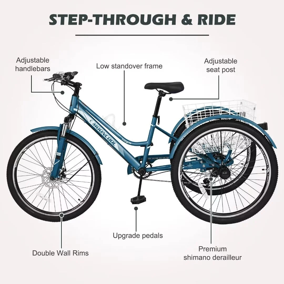 Adult Tricycle 7 Speed 26 Inch Three Wheel Bike with Shopping Basket D802392