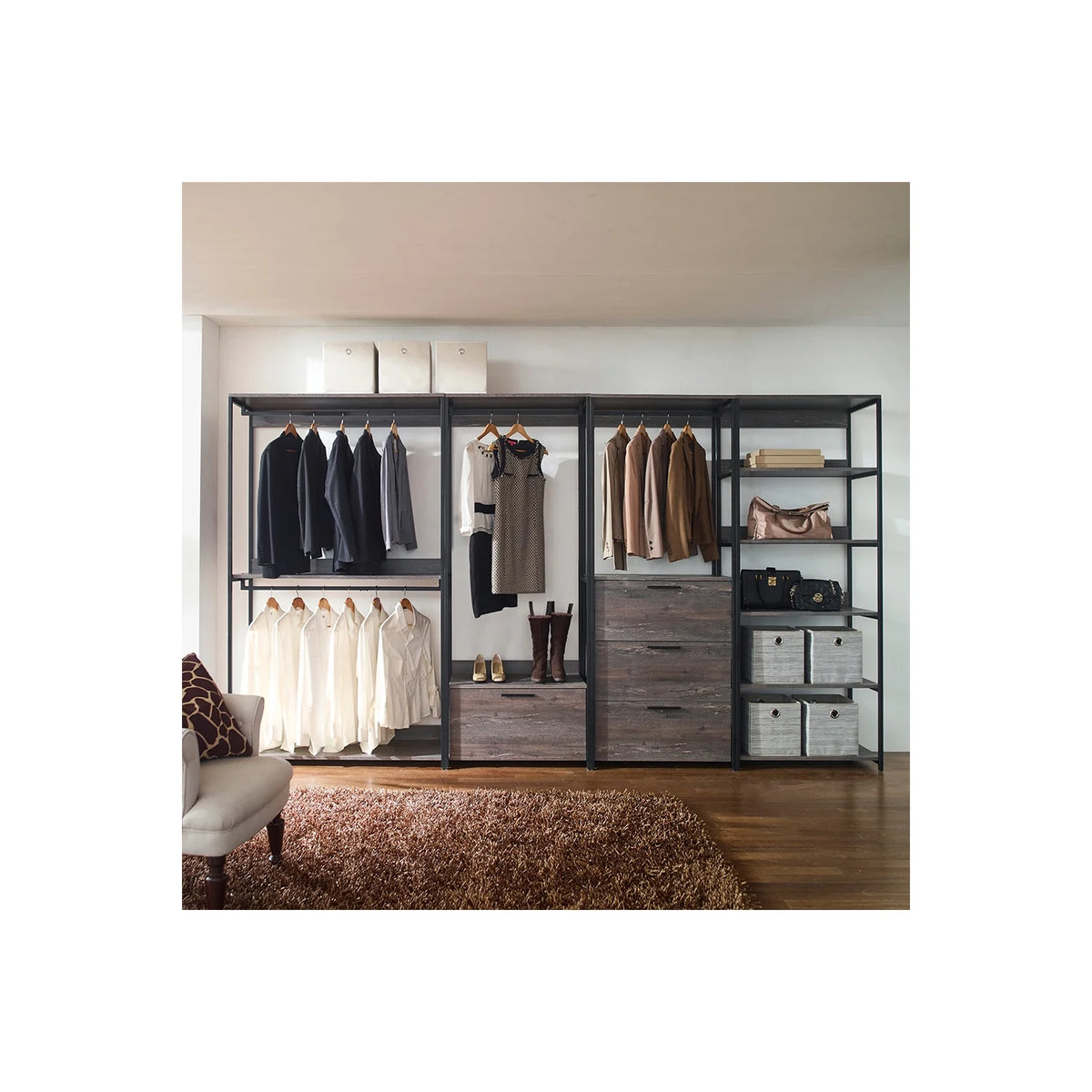 Rustic Gray Wood and Metal Walk-in Closet with 5 Shelves U860545
