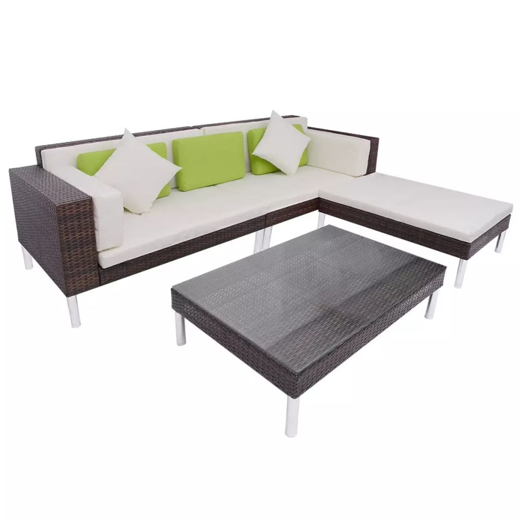 4 Piece Outdoor Conversation Set Cushioned Corner Sofa with Ottoman and Coffee Table Sectional Sofa Set Brown Poly Rattan O53420