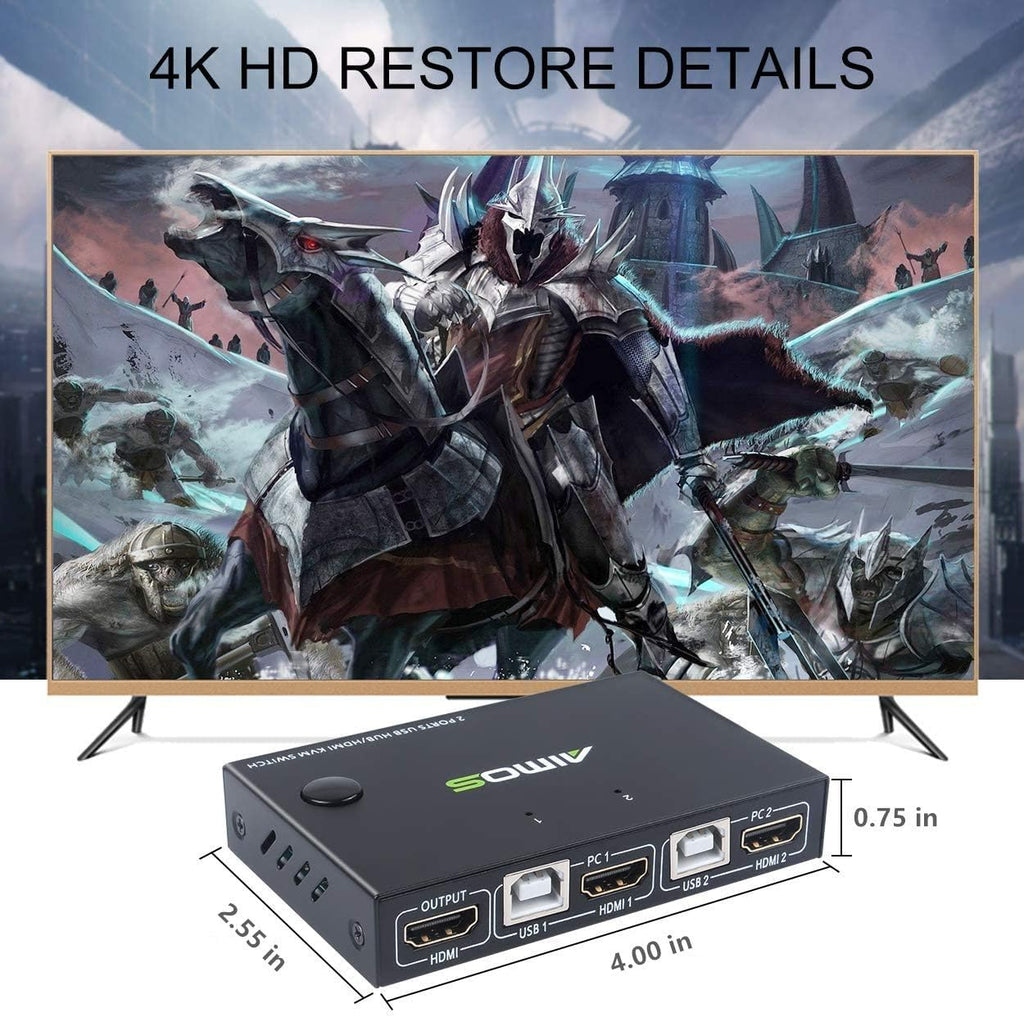 KVM Switch HDMI 2 Port Box with 4 USB Hub, UHD 4K@30Hz, 2 HDMI Cables and 2 USB Cables Z427