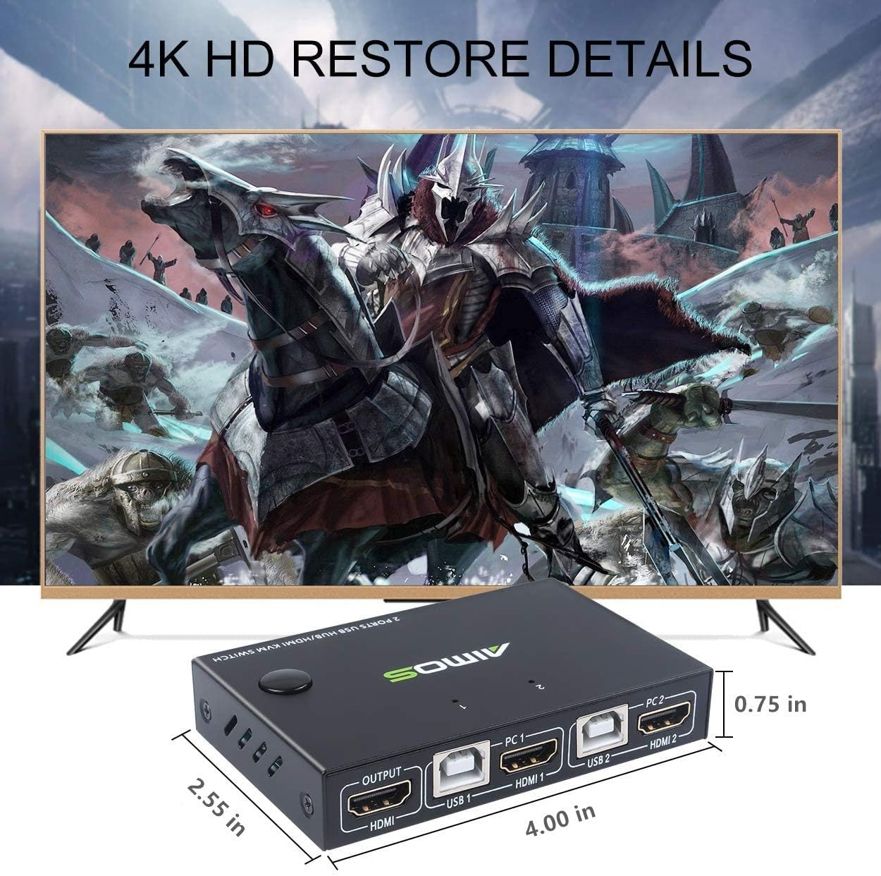 KVM Switch HDMI 2 Port Box with 4 USB Hub, UHD 4K@30Hz, 2 HDMI Cables and 2 USB Cables Z427