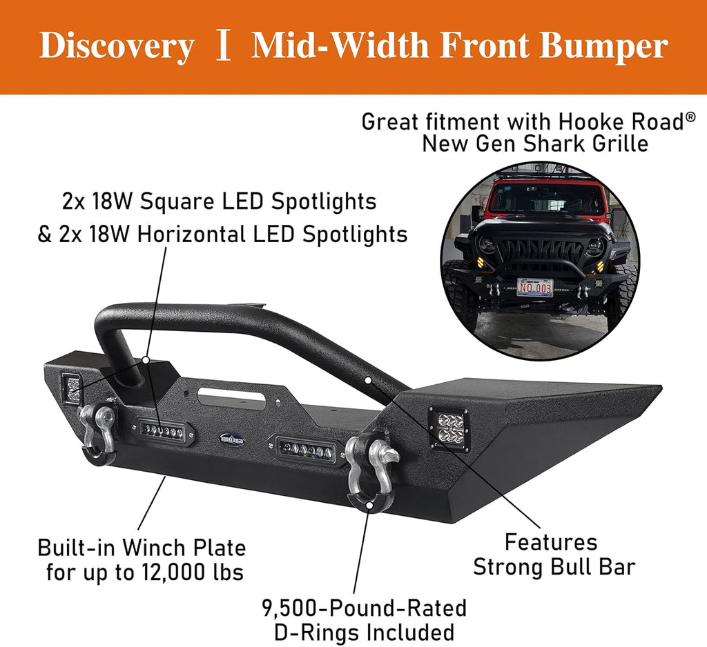 Front & Rear Bumpers Kit with Winch Plate & Hitch Receiver & LED Lights for Jeep Wrangler JK 2007-2018 O115
