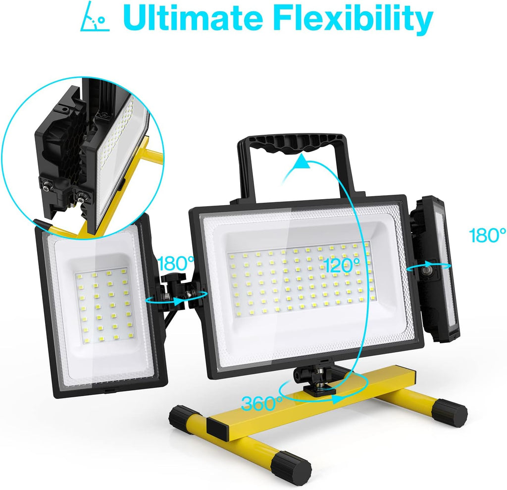 80W LED Work Light, Triple Adjustable Heads, 6500K, IP65 Waterproof, with Stand, Pack of 2 J584950