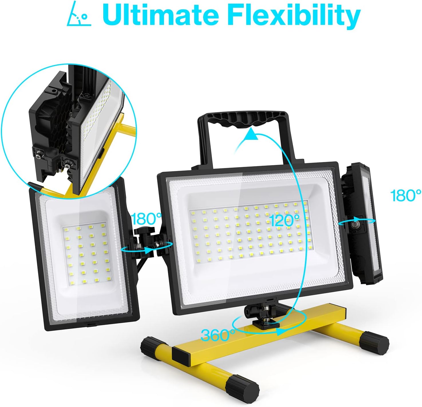 80W LED Work Light, Triple Adjustable Heads, 6500K, IP65 Waterproof, with Stand, Pack of 2 J584950
