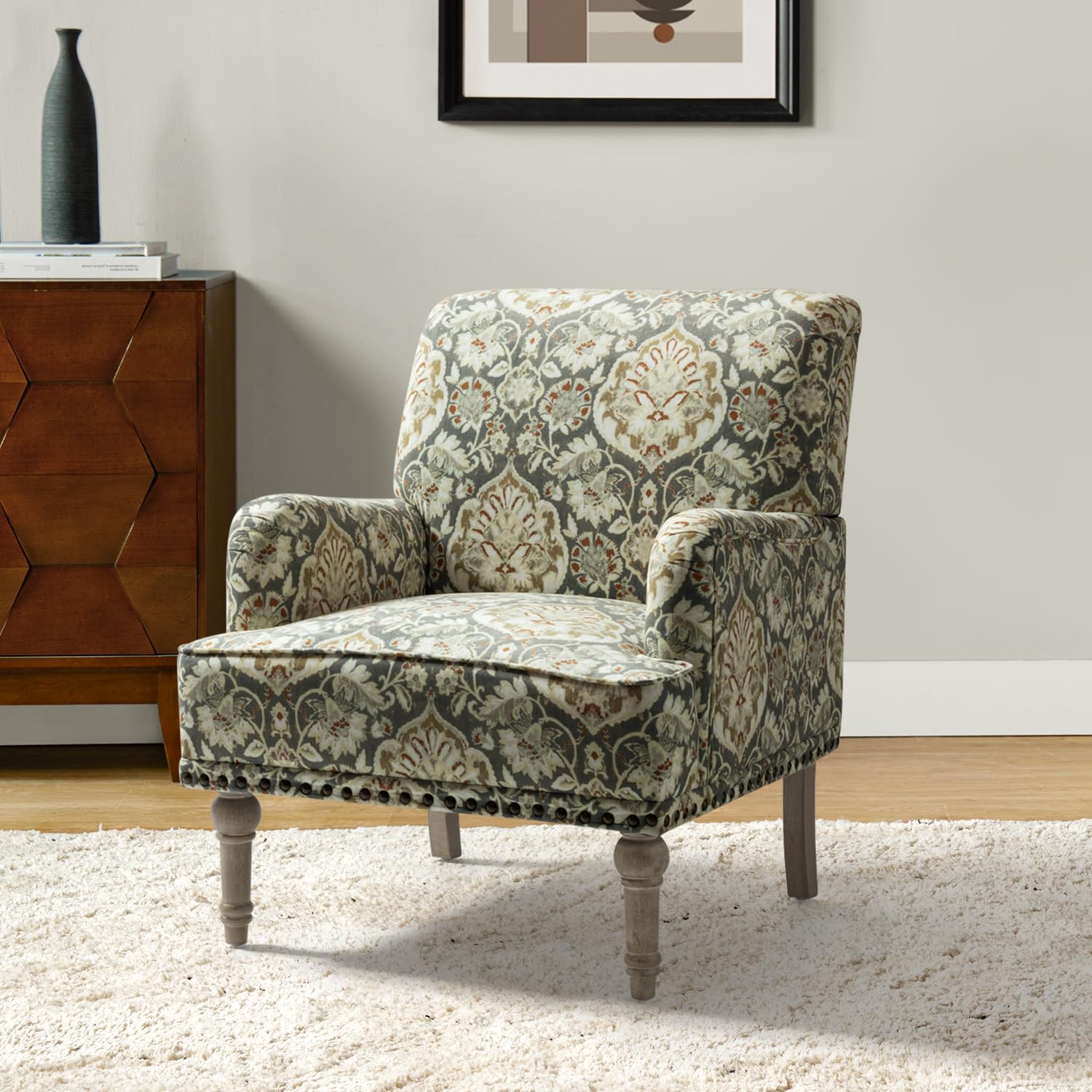 Armchair with Wood Legs & Nailhead Trim, Floral Pattern R2890
