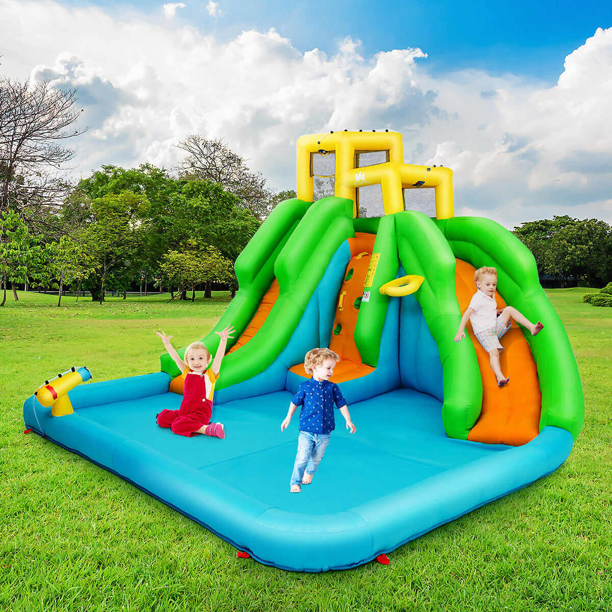 Inflatable Water Park Bounce House Two-Slide Bouncer with Climbing Wall and 550W Blower W57437