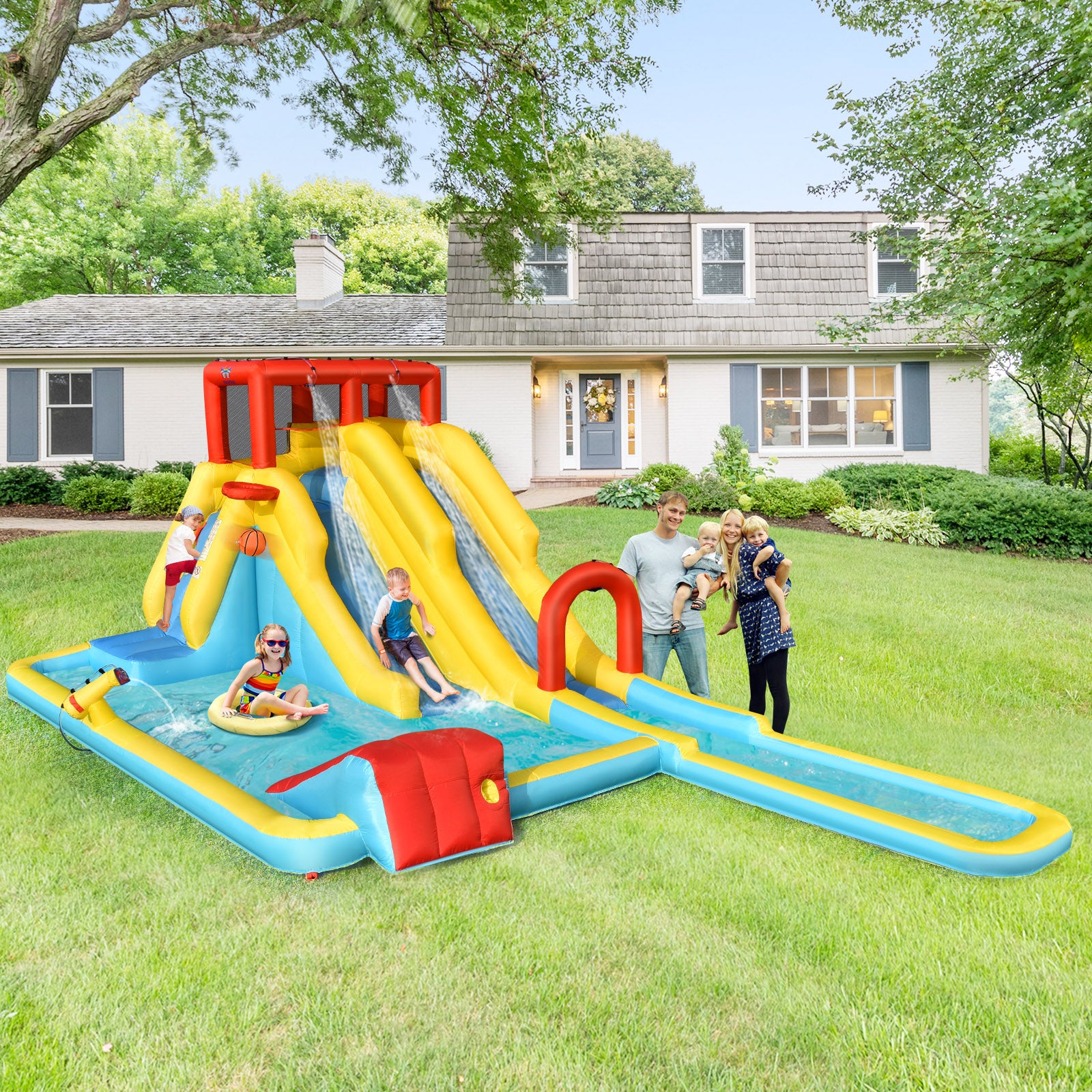 7 in 1 Inflatable Dual Slide Water Park Climbing Bouncer with 950W Blower R980199
