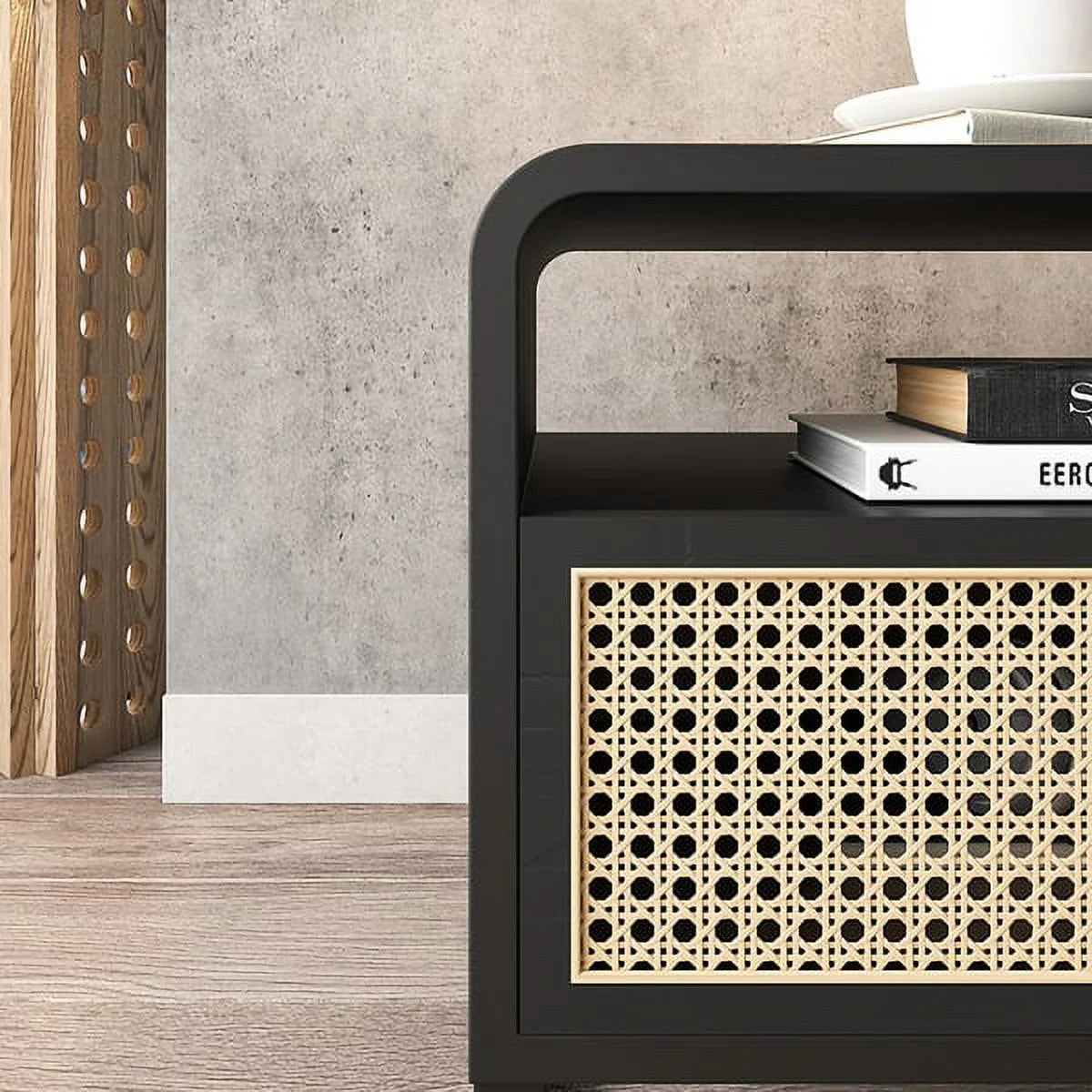 Black Rattan Woven Nightstand with 1 Drawer G938