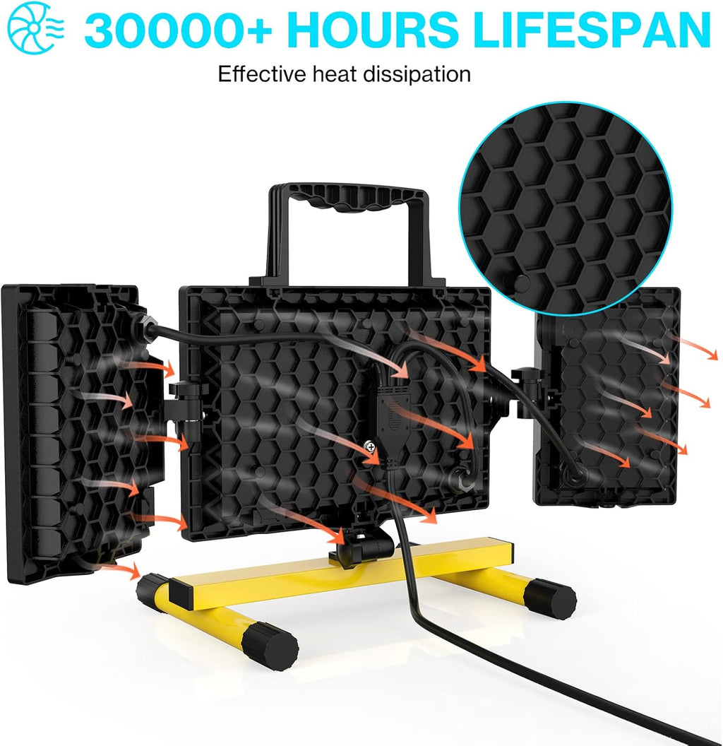 80W LED Work Light, Triple Adjustable Heads, 6500K, IP65 Waterproof, with Stand, Pack of 2 J584950