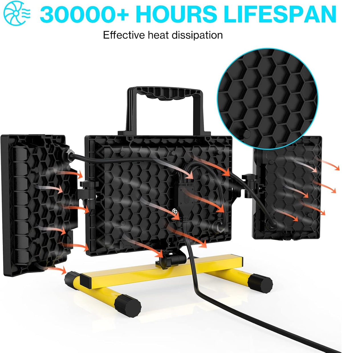 80W LED Work Light, Triple Adjustable Heads, 6500K, IP65 Waterproof, with Stand, Pack of 2 J584950
