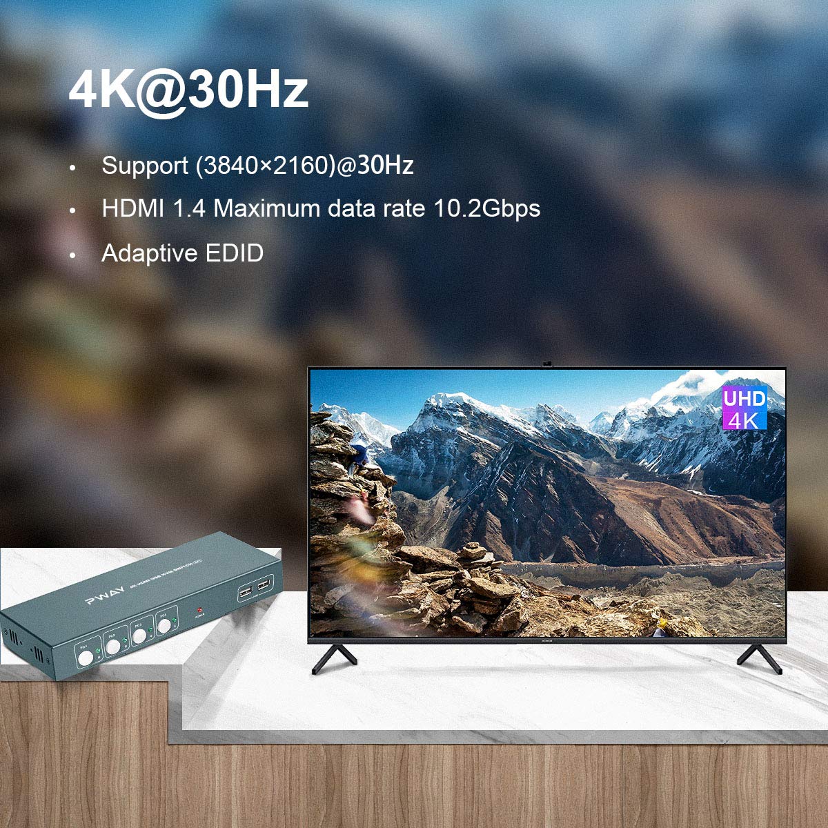 KVM Switch HDMI 4 Port Box, 4K@30Hz, with 4 USB-B and 4 HDMI Cables I23907