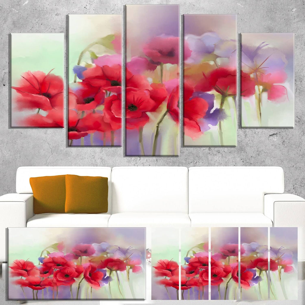 Watercolor Red Poppy Flowers Painting Print on Wrapped Canvas O9305