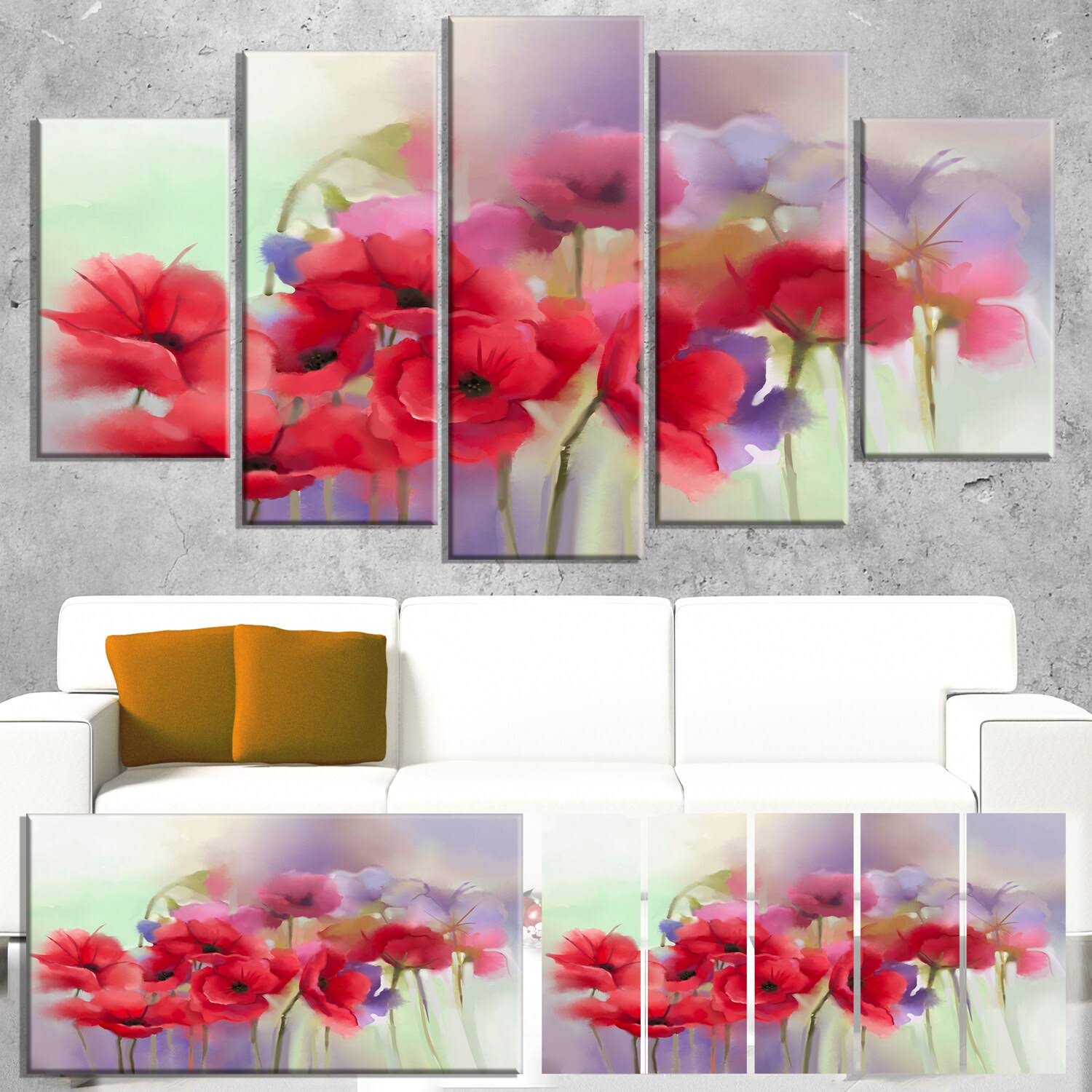 Watercolor Red Poppy Flowers Painting Print on Wrapped Canvas O9305