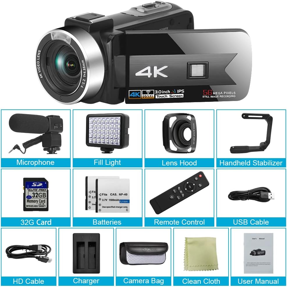 4K UHD 56MP Vlogging Camera with Microphone, 16X Zoom, 3.0 Touch Screen, IR Night Vision, Wi-Fi J76333