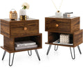 Walnut Wood Bedside Table with Storage Drawer and Metal Legs M2820