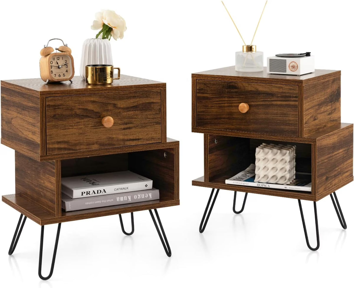 Walnut Wood Bedside Table with Storage Drawer and Metal Legs M2820