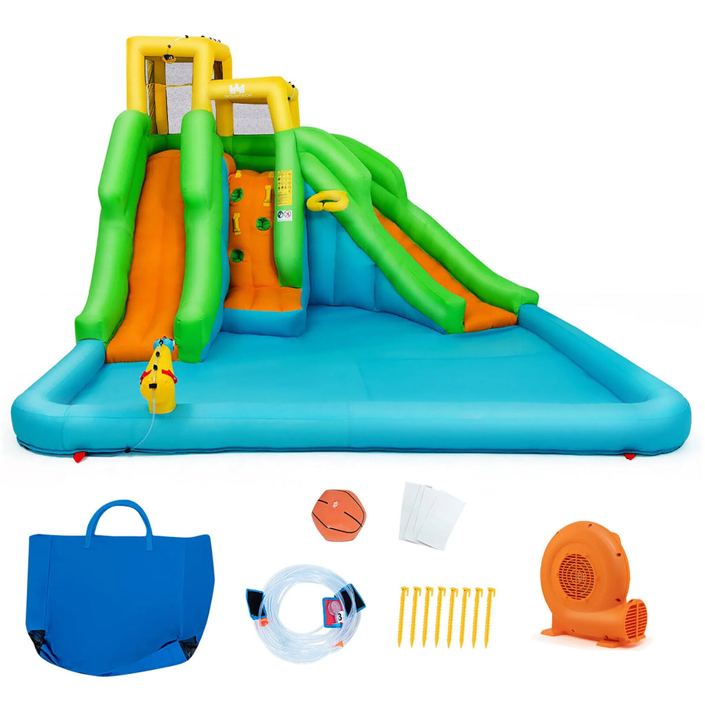 Inflatable Water Park Bounce House Two-Slide Bouncer with Climbing Wall and 550W Blower W57437