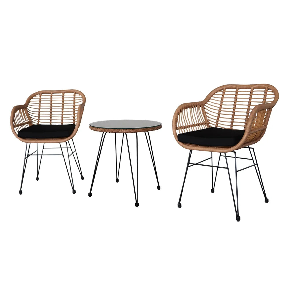 3 Piece Wicker Patio Conversation Set with Glass Side Table and Cushioned Chairs M1753