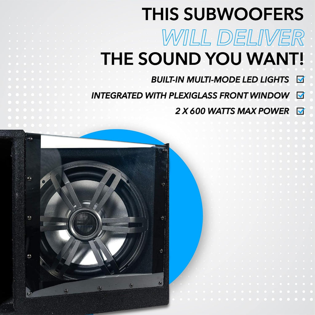 Dual 12 Inch Vented 1200 Watt Car Audio Subwoofer Box with LED Lights & Plexiglass Window X644