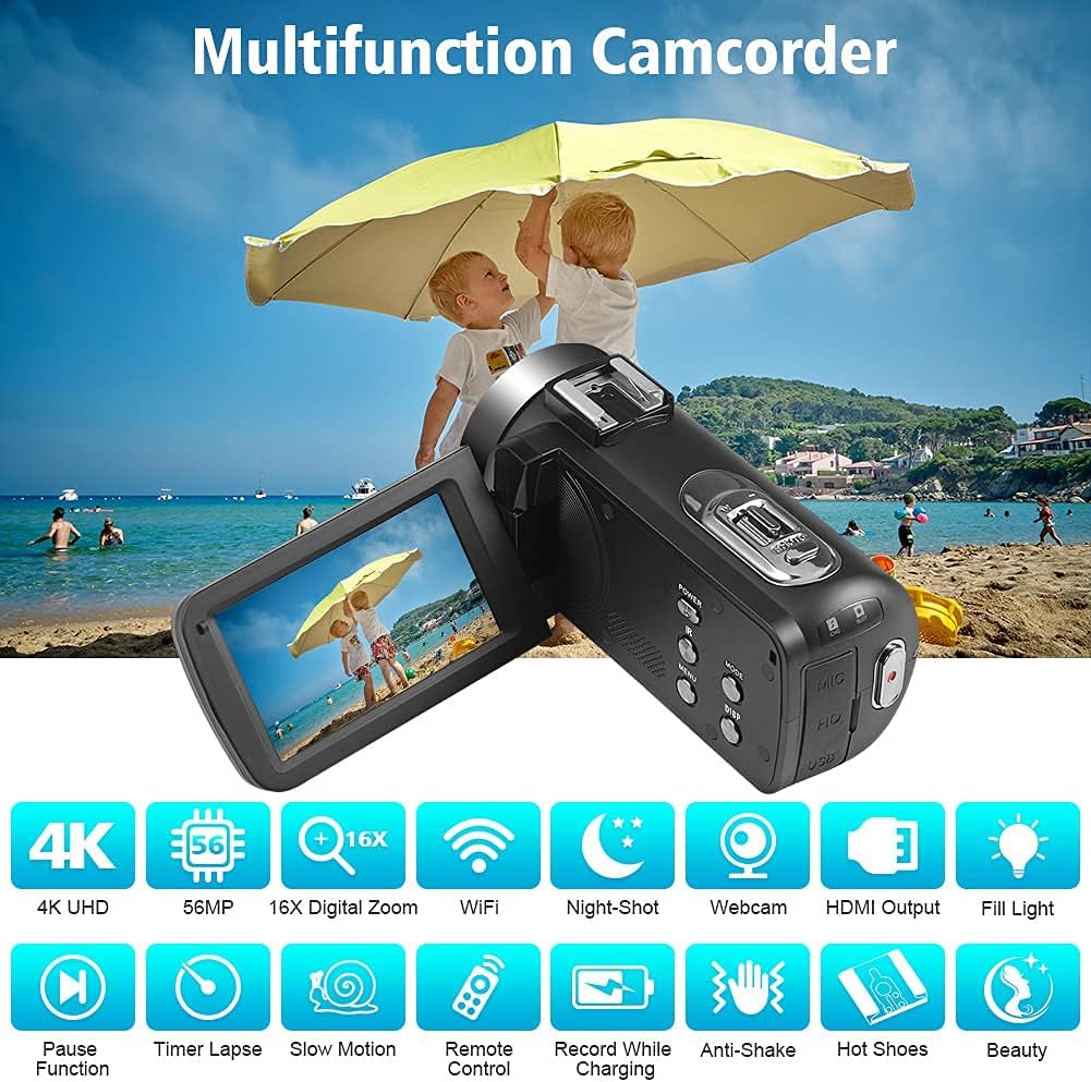 4K UHD 56MP Vlogging Camera with Microphone, 16X Zoom, 3.0 Touch Screen, IR Night Vision, Wi-Fi J76333