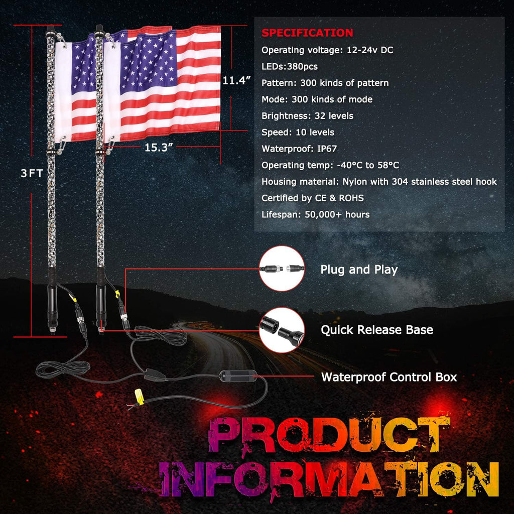 2PCS 3FT RGB Spiral LED Whip Lights for UTV ATV Offroad Trucks T306450