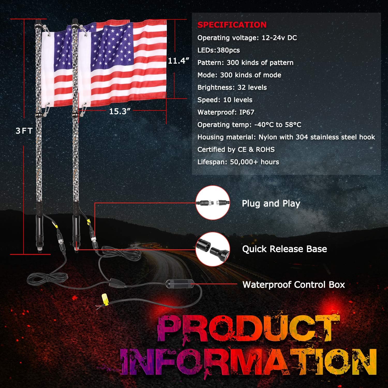 2PCS 3FT RGB Spiral LED Whip Lights for UTV ATV Offroad Trucks T306450