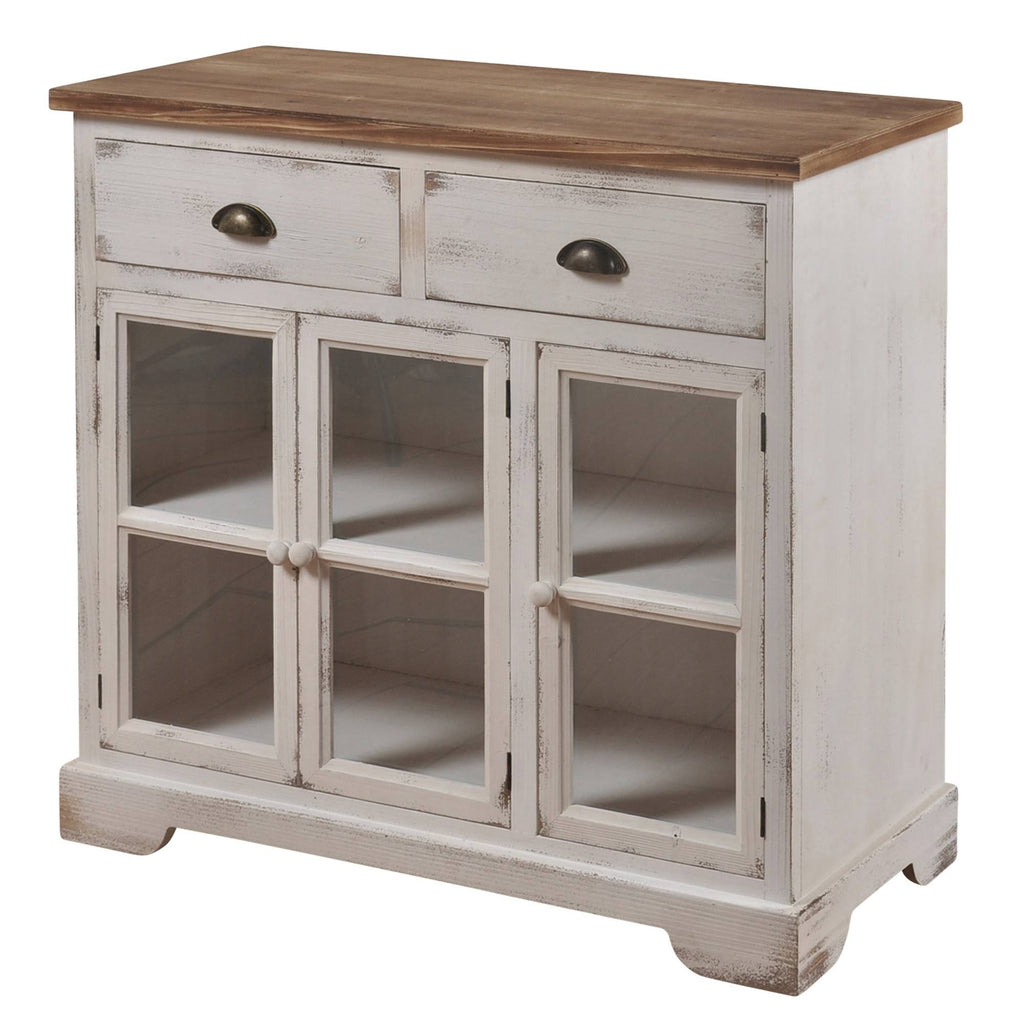 3 Door 2 Drawer Shabby Chic Window Pane Cabinet Antique White Natural B3555