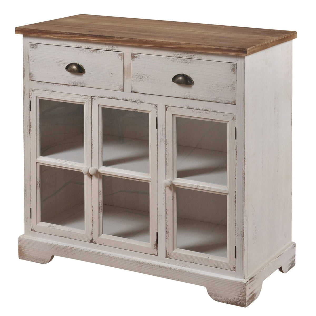 3 Door 2 Drawer Shabby Chic Window Pane Cabinet Antique White Natural B3555