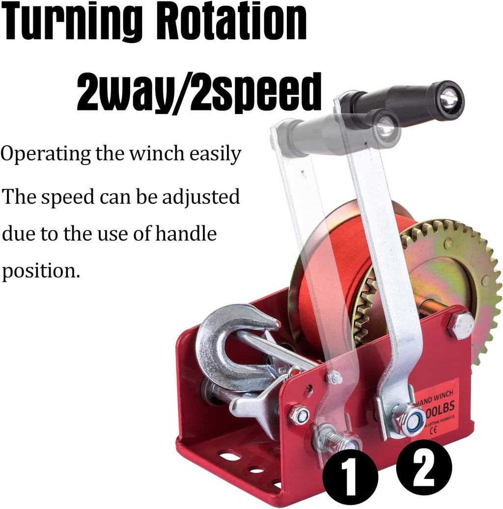 Hand Winch Heavy Duty 3500lbs with Nylon Strap and Ratchet Handle Hook 2 Gear Manual Crank Towing Winch (2500 Red) Pack of 2 D4818