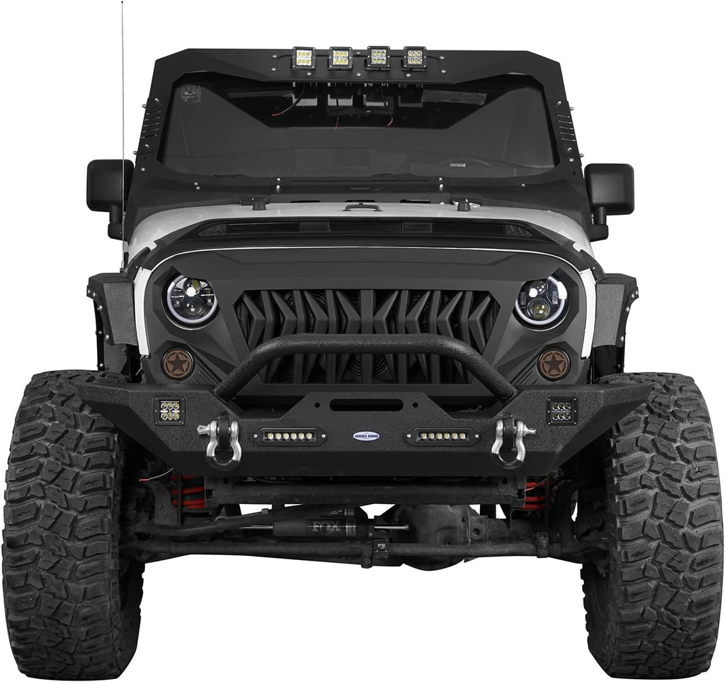 Front & Rear Bumpers Kit with Winch Plate & Hitch Receiver & LED Lights for Jeep Wrangler JK 2007-2018 O115