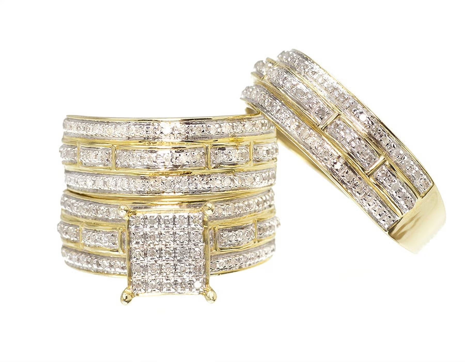 10k Yellow Gold Pave Diamond Trio Wedding Engagement Ring Set 1.0ct N23957