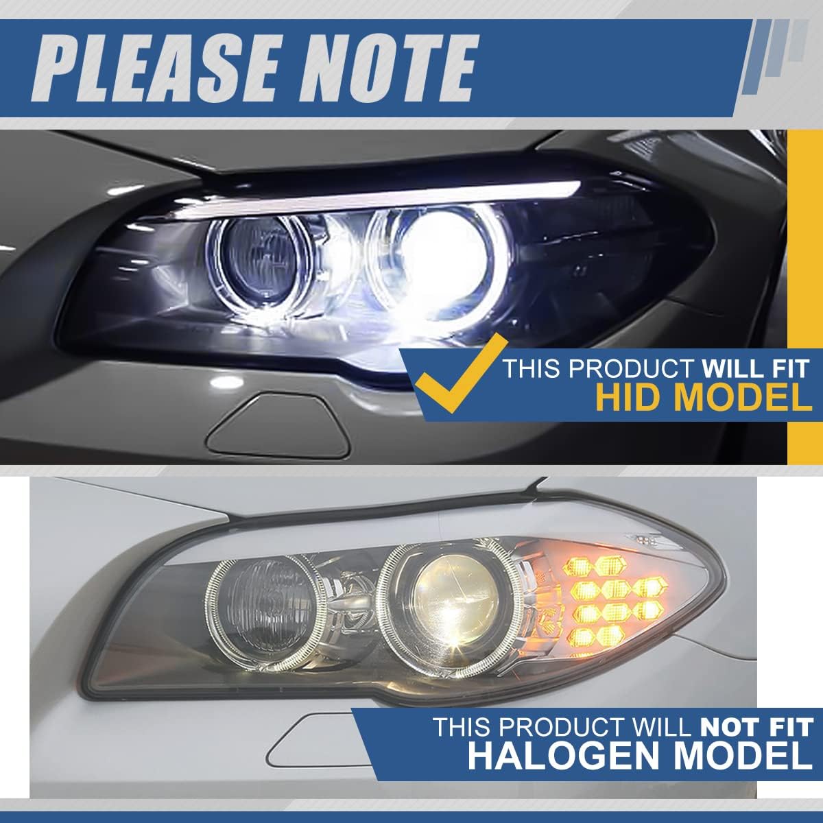 Sequential Turn Signal LED Halo Projector Headlights Assembly for BMW F10 11-13, Chrome Housing, Clear Lens E14744