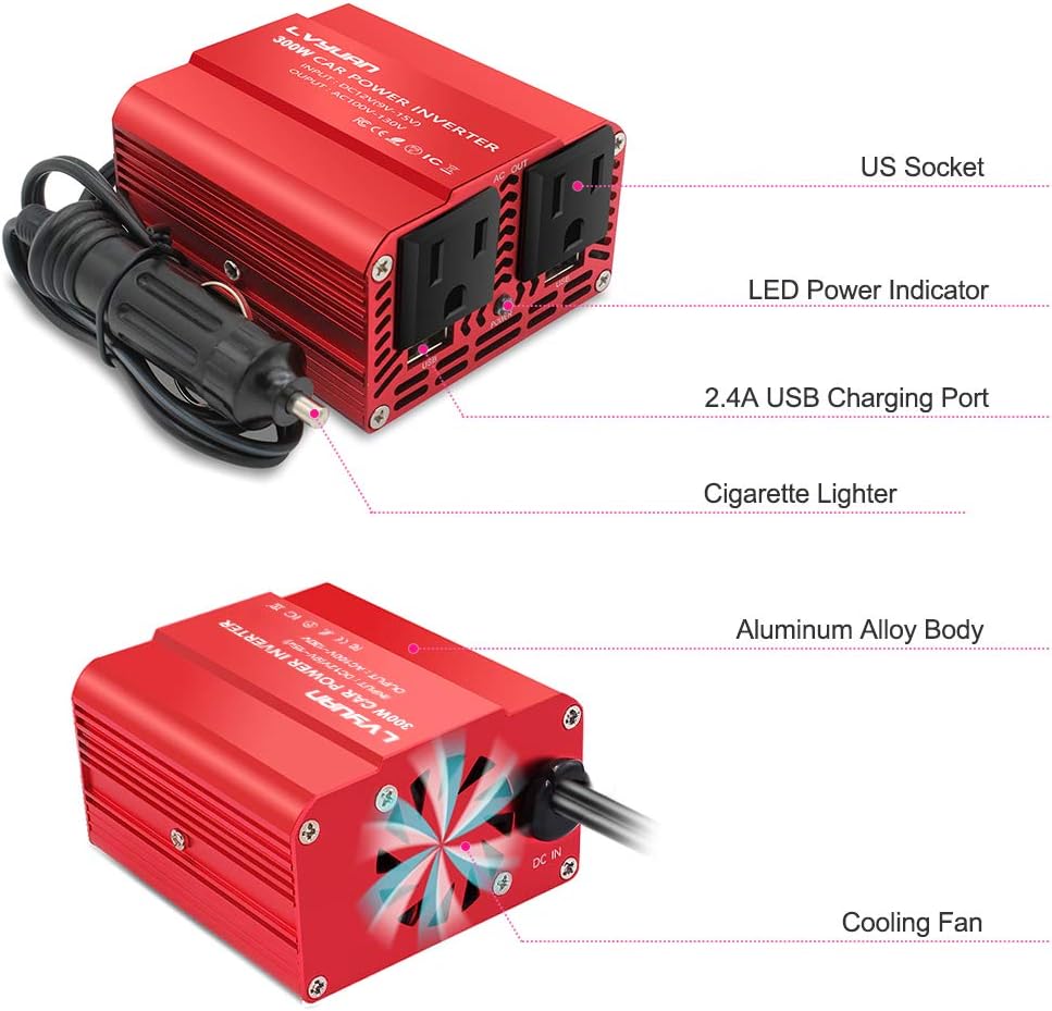 300W Power Inverter DC 12V to 110V AC with Dual USB Car Adapter K589288