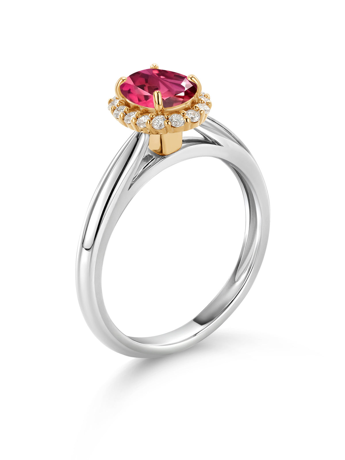 925 Sterling Silver 10k Yellow Gold Pink Tourmaline White Lab Grown Diamond Halo Engagement Ring B11285