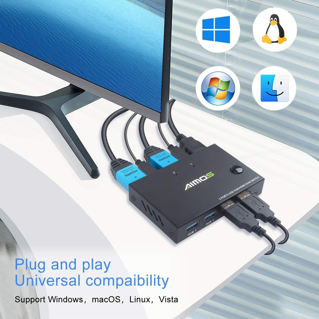KVM Switch HDMI 2 Port Box with 4 USB Hub, UHD 4K@30Hz, 2 HDMI Cables and 2 USB Cables Z427