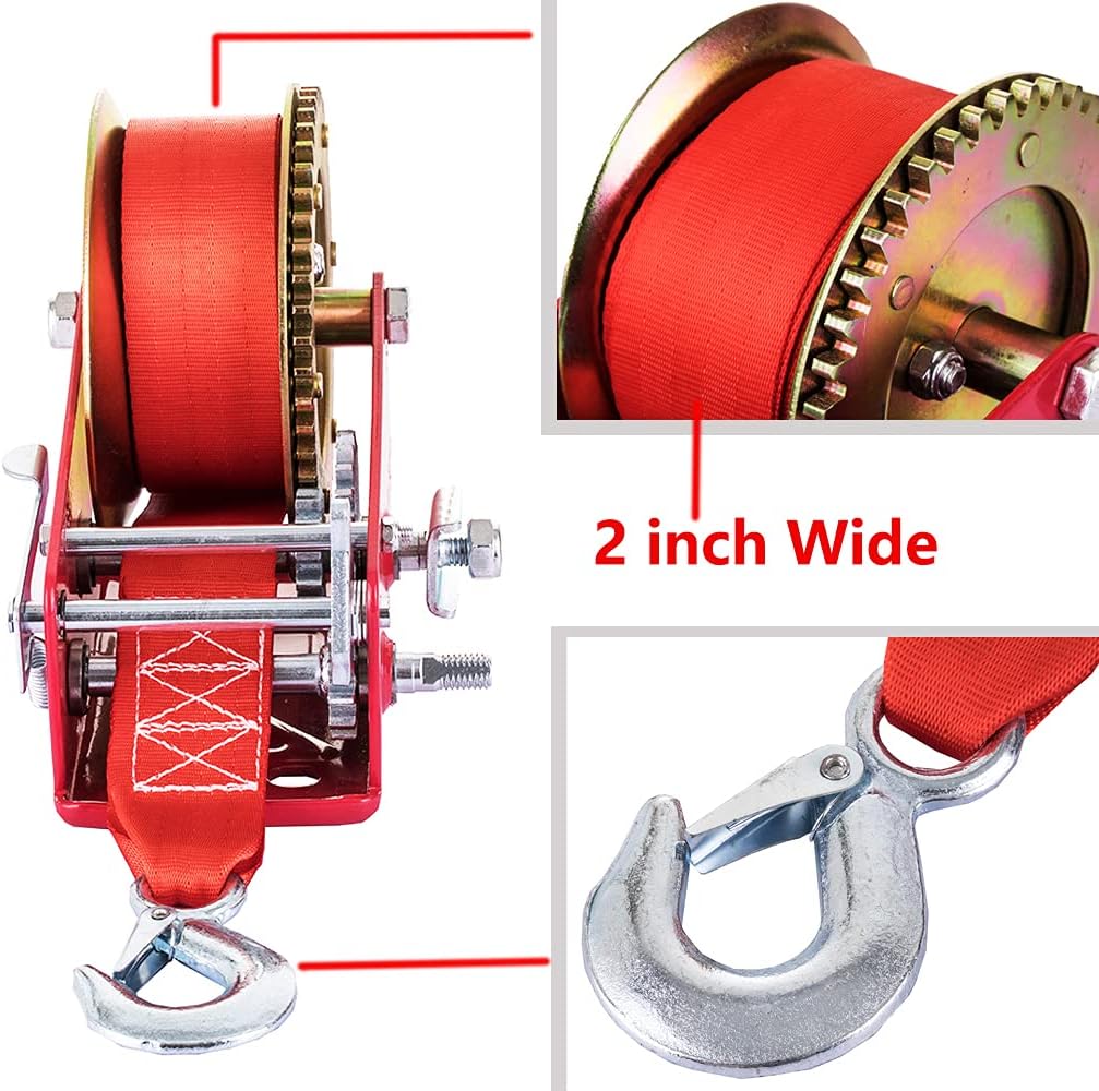 Hand Winch Heavy Duty 3500lbs with Nylon Strap and Ratchet Handle Hook 2 Gear Manual Crank Towing Winch (2500 Red) Pack of 2 D4818