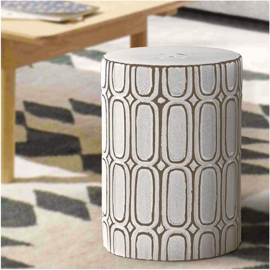 White and Brown Heavy Duty Ceramic Garden Stool Side Table Y4771