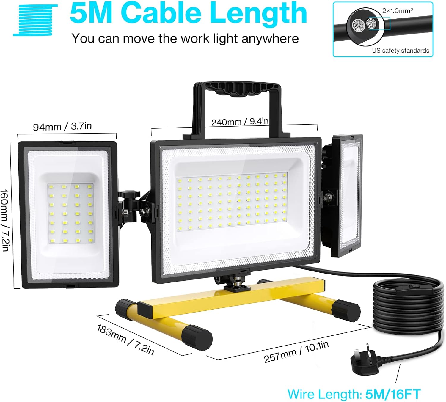 80W LED Work Light, Triple Adjustable Heads, 6500K, IP65 Waterproof, with Stand, Pack of 2 J584950