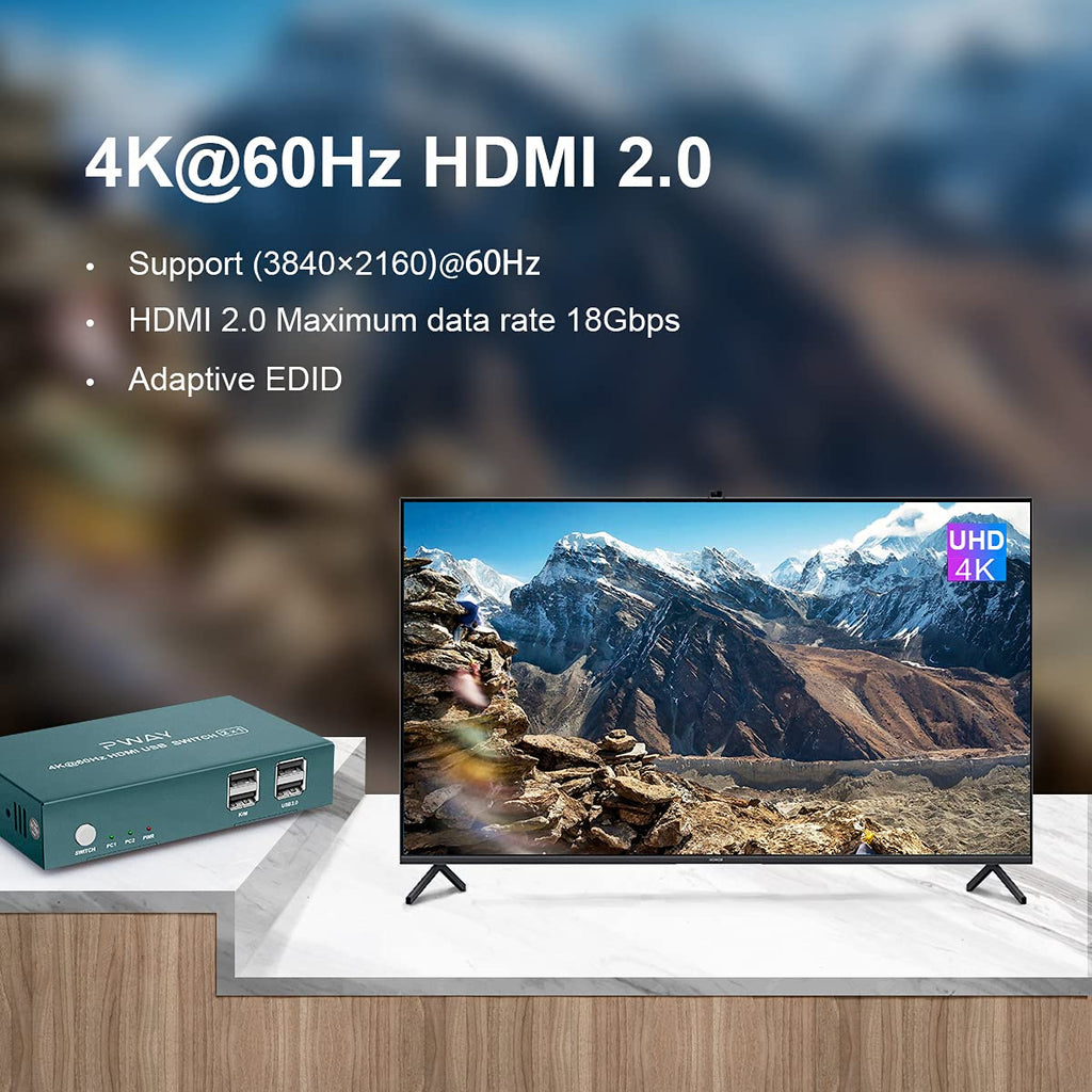 KVM Switch HDMI 2 Port, 4K@60Hz, 2 USB 2.0 Hub, with 2 HDMI and 2 USB Cables U796