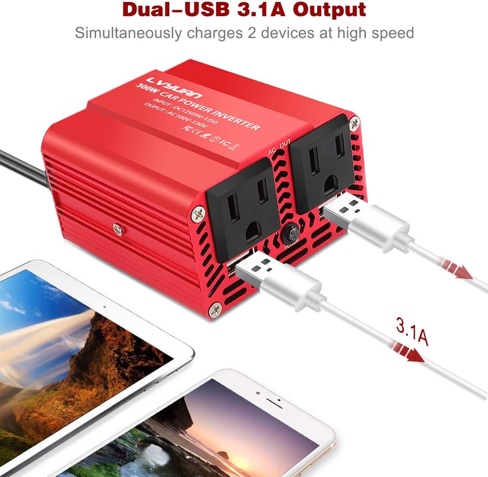 300W Power Inverter DC 12V to 110V AC with Dual USB Car Adapter K589288