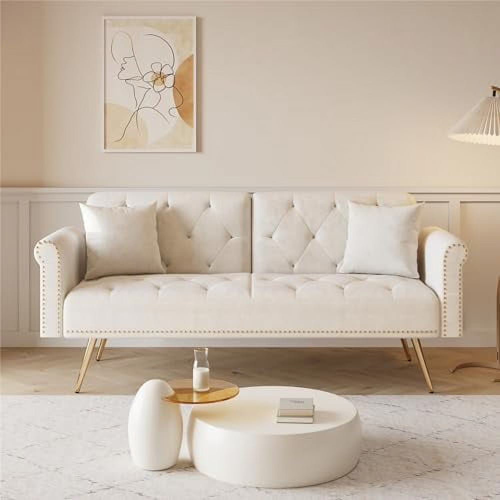 Beige Velvet Convertible Futon Sofa Bed with Two Pillows D686834