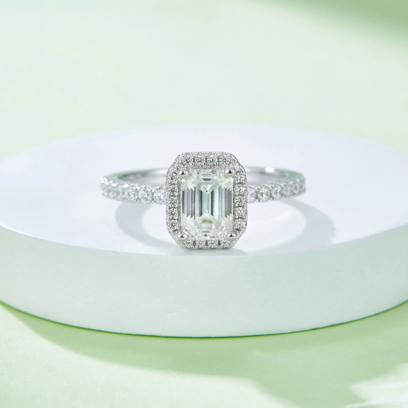 18k White Gold over Silver Emerald Cut Moissanite Engagement Ring A9327