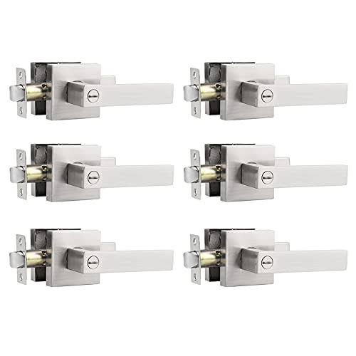 6 Pack Privacy Door Levers, Satin Nickel Finish, Square Interior Hardware G7444