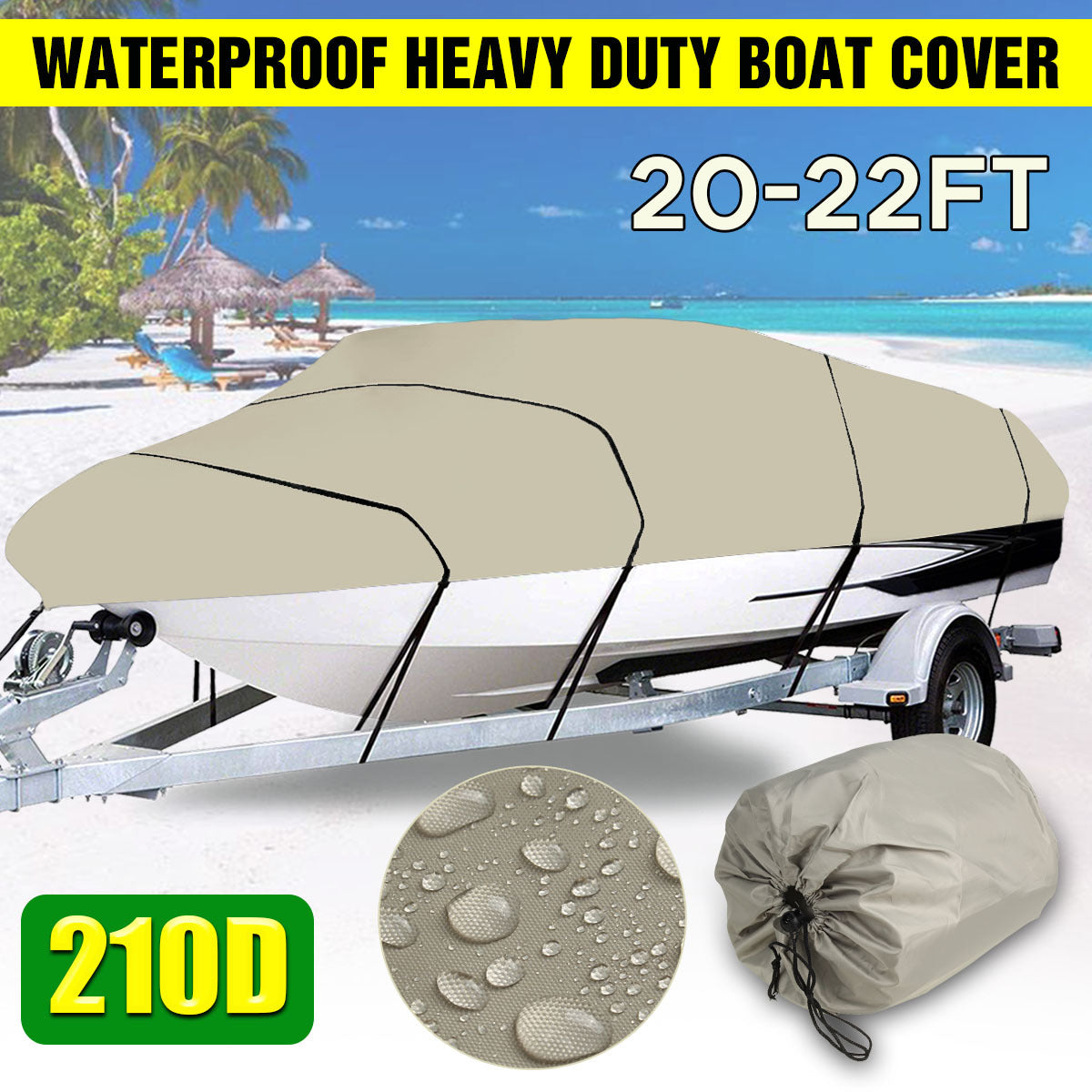 210D Trailerable Boat Cover for 20-22ft Boat, Heavy Duty Waterproof, Beige G420