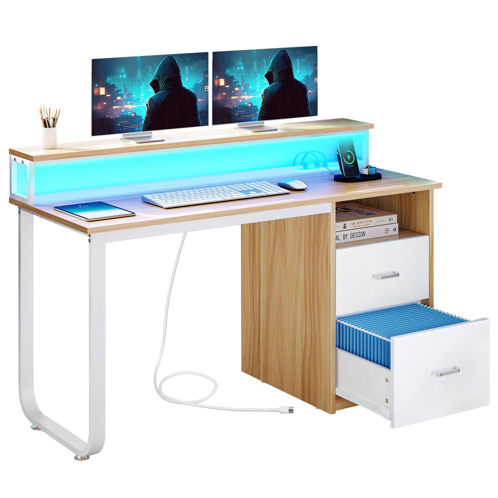 47 inch Computer Desk with Storage Drawers & LED Light, Monitor Stand & Power Outlets V725574