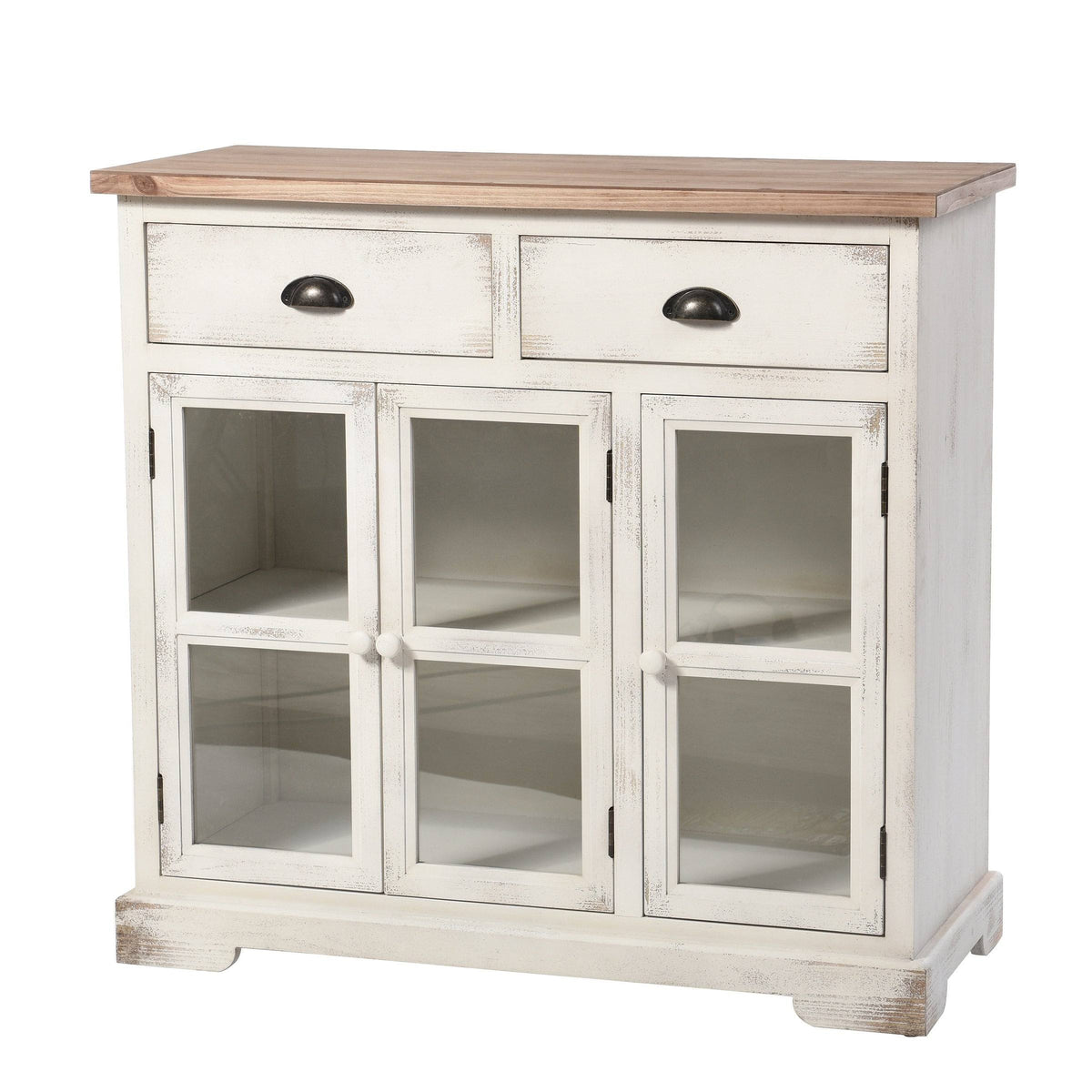 3 Door 2 Drawer Shabby Chic Window Pane Cabinet Antique White Natural B3555