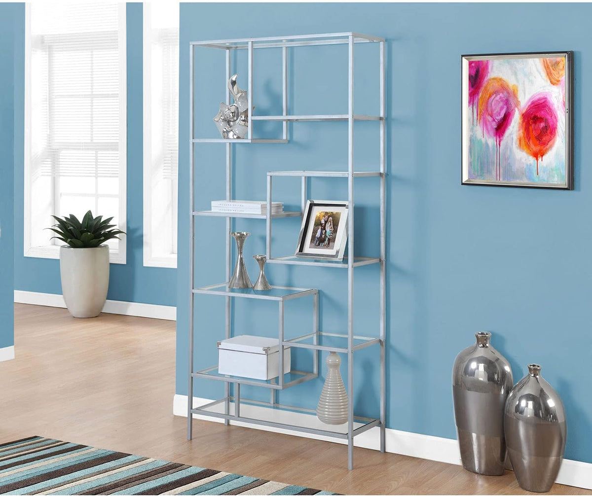 Silver Metal Bookcase with Tempered Glass Z10196