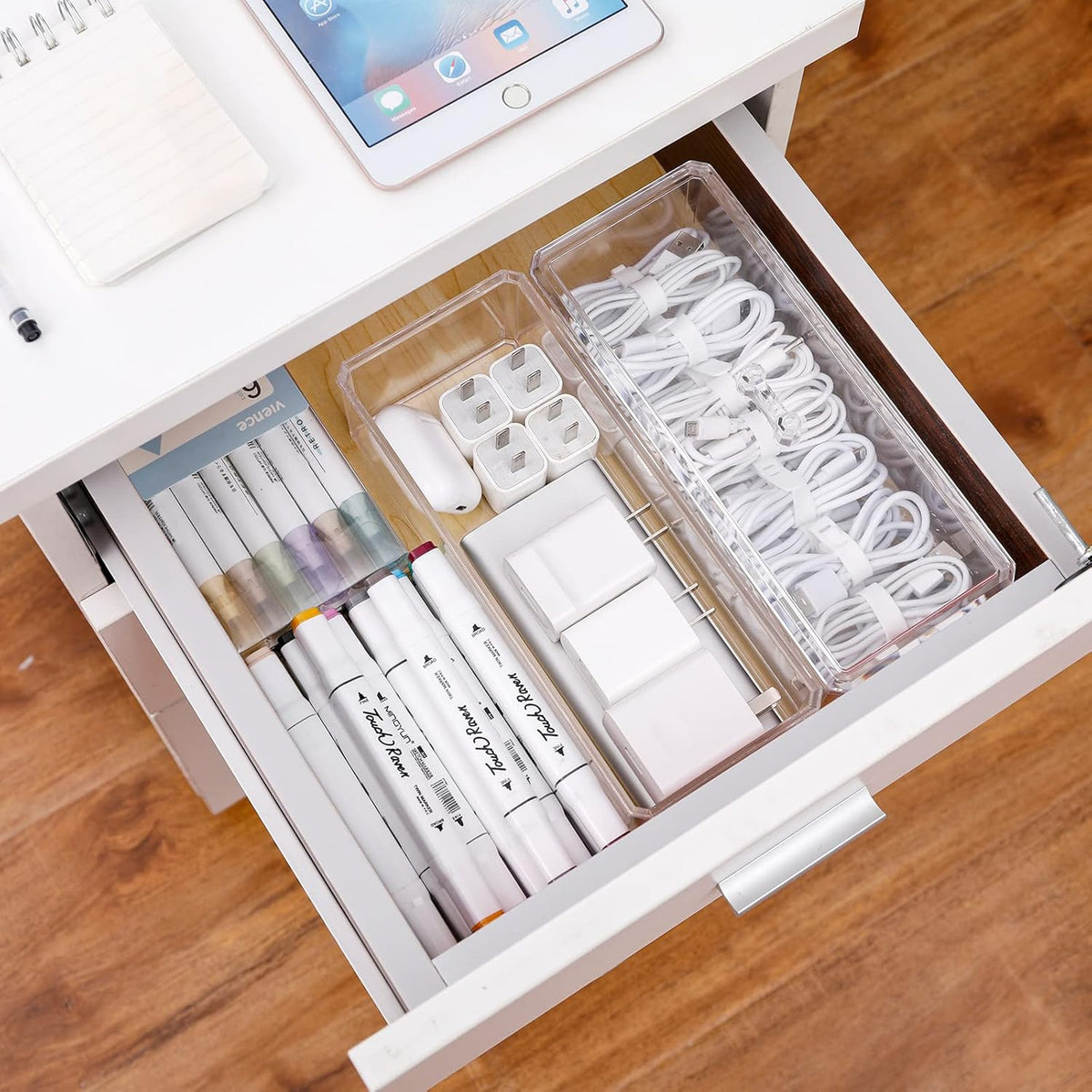 Plastic Electronics Organizer with Lid and 20 Wire Ties, Clear Cable Management Box, Stackable Desk Drawer Storage (2 Pack) V4937