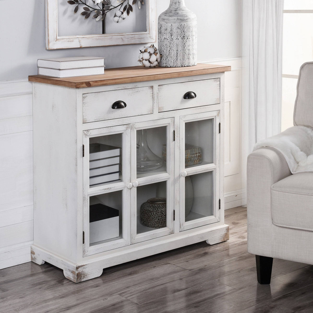3 Door 2 Drawer Shabby Chic Window Pane Cabinet Antique White Natural B3555