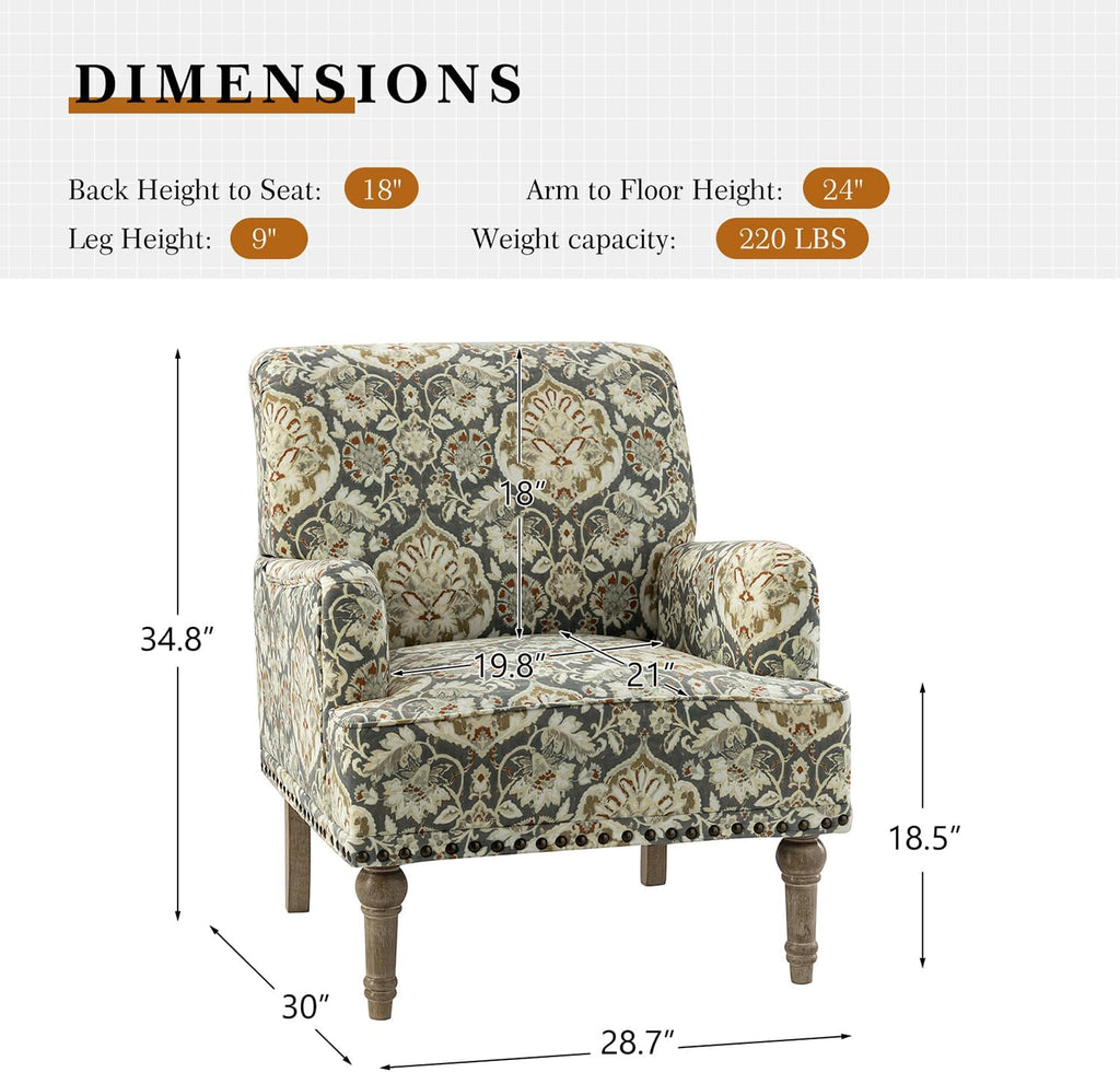 Armchair with Wood Legs & Nailhead Trim, Floral Pattern R2890